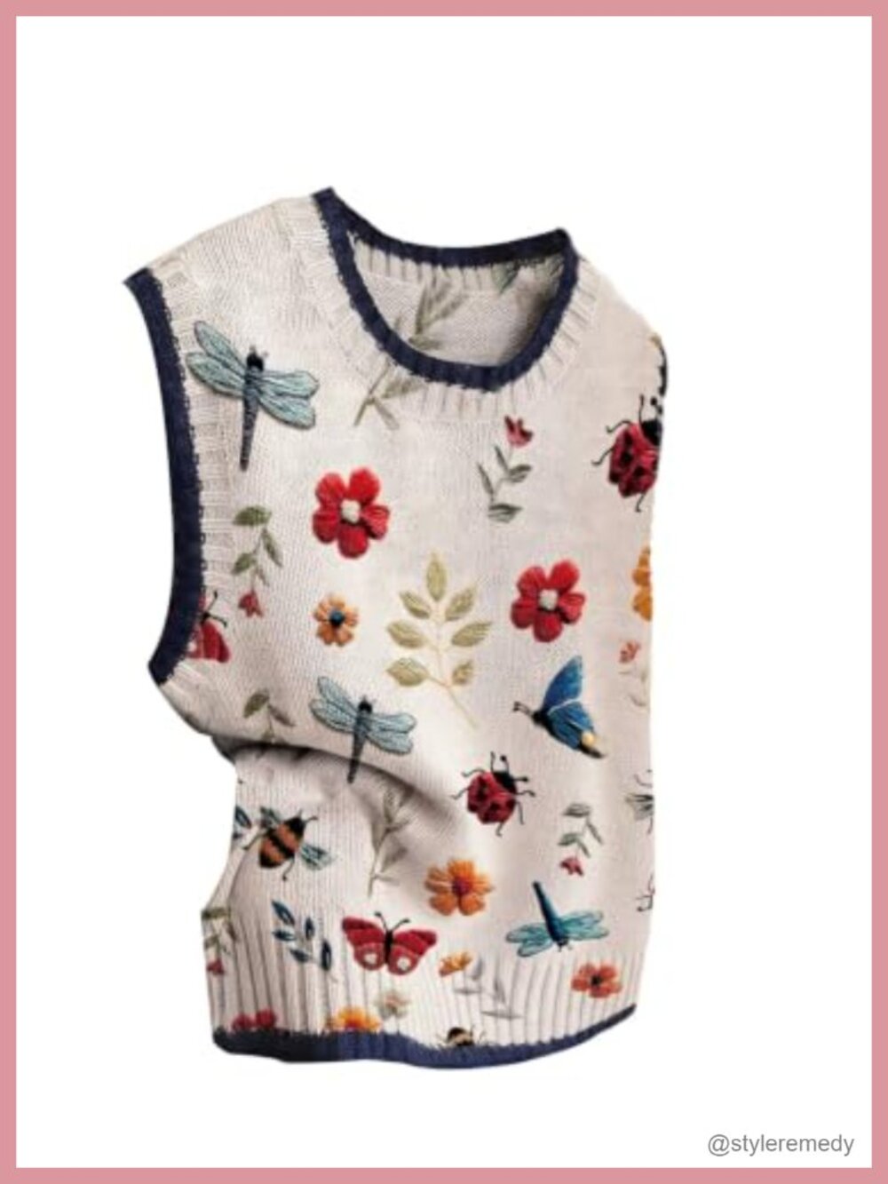 Sleeveless Butterfly Floral Print Sweater Vest Boho Knit Top Fall Outfit